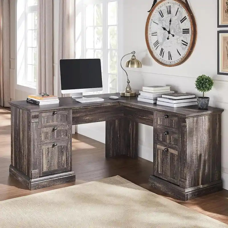 Farmhouse Computer Desk, Wood Home Office Desk with Charging Station
