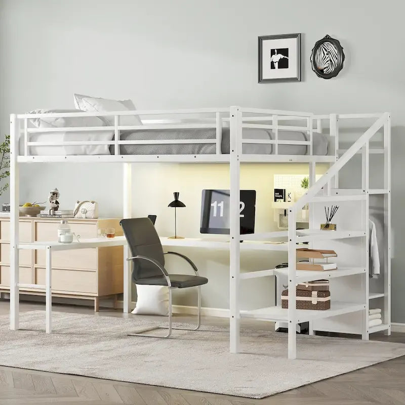 Queen Size Loft Bed with L-Shaped Desk & USB Ports - Metal High Loft Bed with Wardrobe & Adjustable LED Shelves for Teens