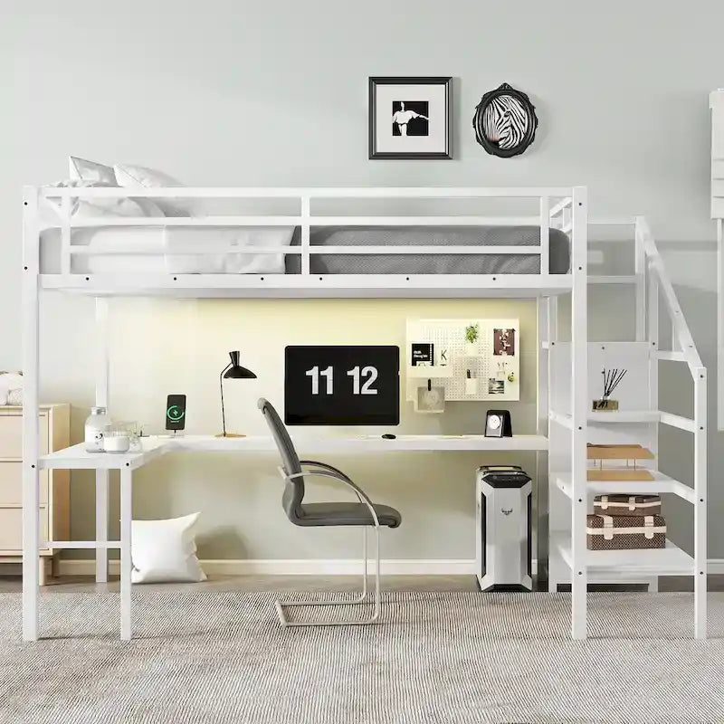 Queen Size Loft Bed with L-Shaped Desk & USB Ports - Metal High Loft Bed with Wardrobe & Adjustable LED Shelves for Teens