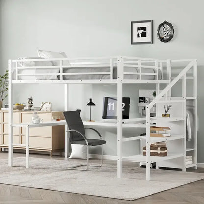 Queen Size Loft Bed with L-Shaped Desk & USB Ports - Metal High Loft Bed with Wardrobe & Adjustable LED Shelves for Teens