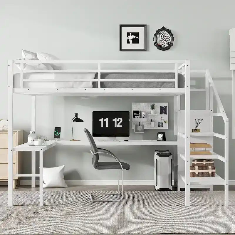 Queen Size Loft Bed with L-Shaped Desk & USB Ports - Metal High Loft Bed with Wardrobe & Adjustable LED Shelves for Teens