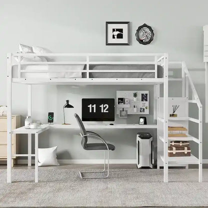Queen Size Loft Bed with L-Shaped Desk & USB Ports - Metal High Loft Bed with Wardrobe & Adjustable LED Shelves for Teens