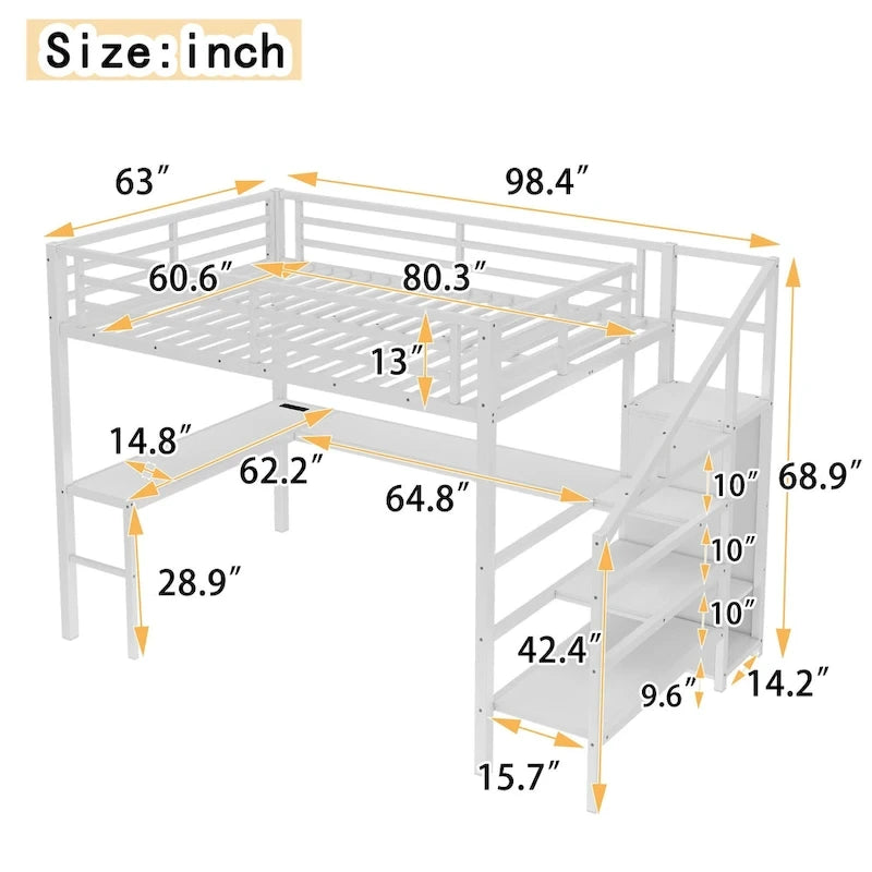 Queen Size Loft Bed with L-Shaped Desk & USB Ports - Metal High Loft Bed with Wardrobe & Adjustable LED Shelves for Teens