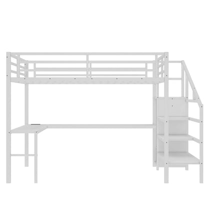 Queen Size Loft Bed with L-Shaped Desk & USB Ports - Metal High Loft Bed with Wardrobe & Adjustable LED Shelves for Teens