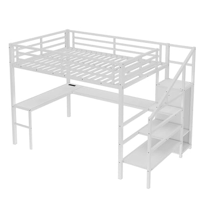 Queen Size Loft Bed with L-Shaped Desk & USB Ports - Metal High Loft Bed with Wardrobe & Adjustable LED Shelves for Teens
