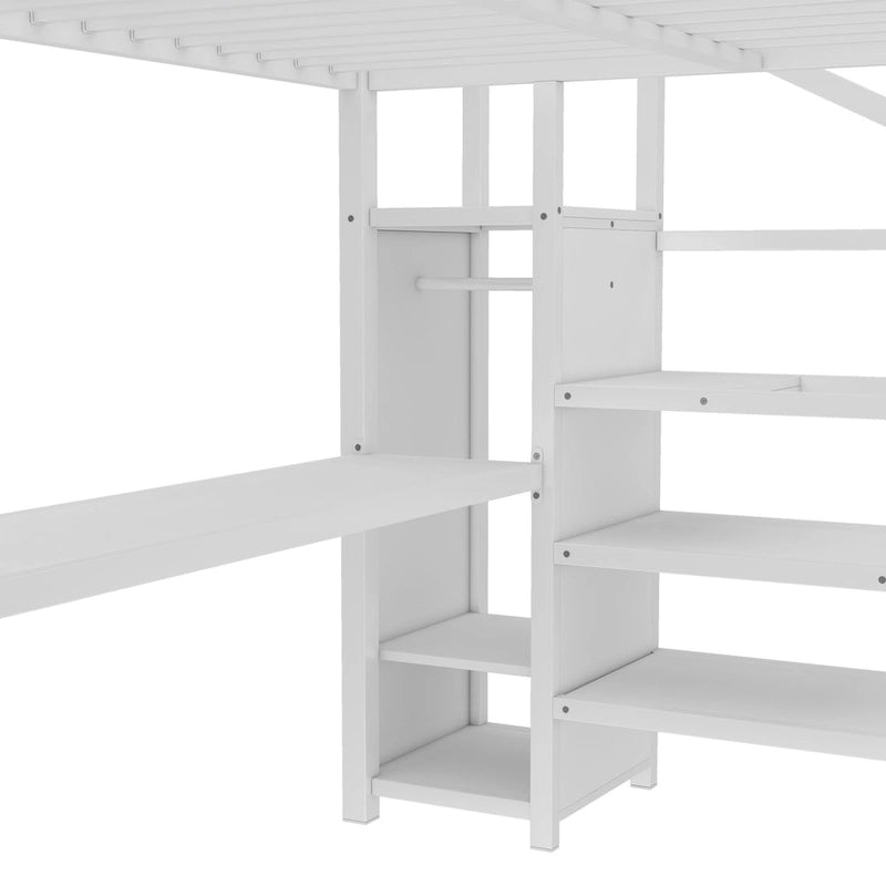 Queen Size Loft Bed with L-Shaped Desk & USB Ports - Metal High Loft Bed with Wardrobe & Adjustable LED Shelves for Teens