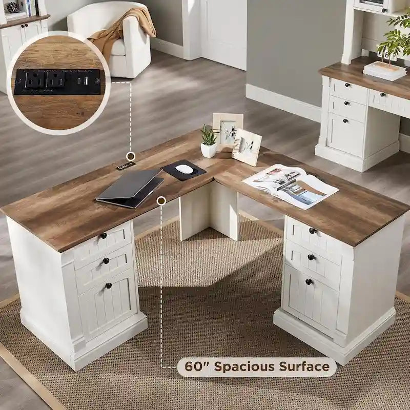 Farmhouse Computer Desk, Wood Home Office Desk with Charging Station