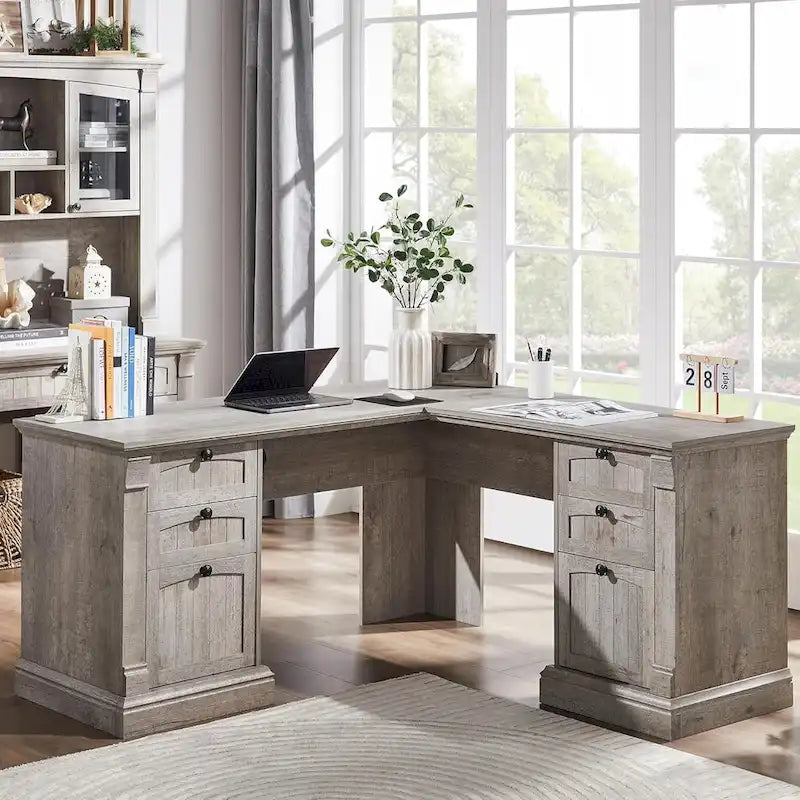 Farmhouse Computer Desk, Wood Home Office Desk with Charging Station