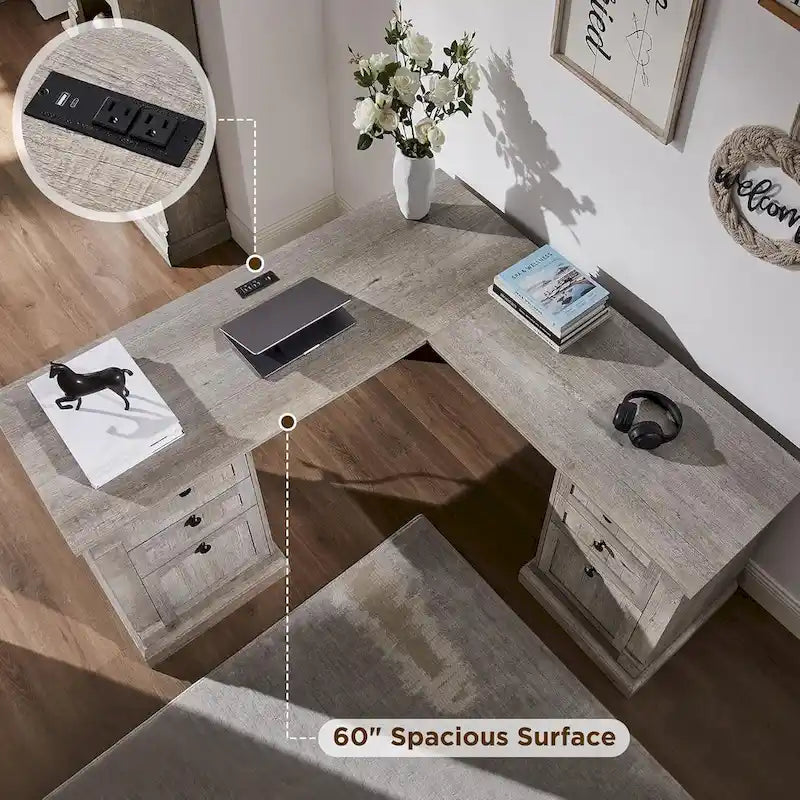 Farmhouse Computer Desk, Wood Home Office Desk with Charging Station