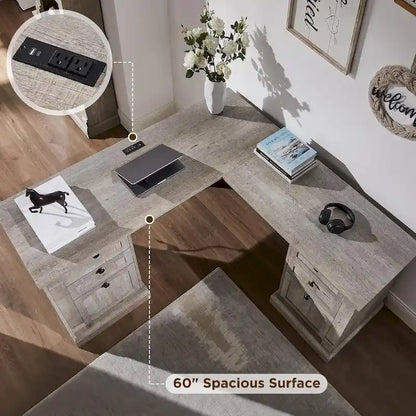 Farmhouse Computer Desk, Wood Home Office Desk with Charging Station