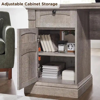 Farmhouse Computer Desk, Wood Home Office Desk with Charging Station