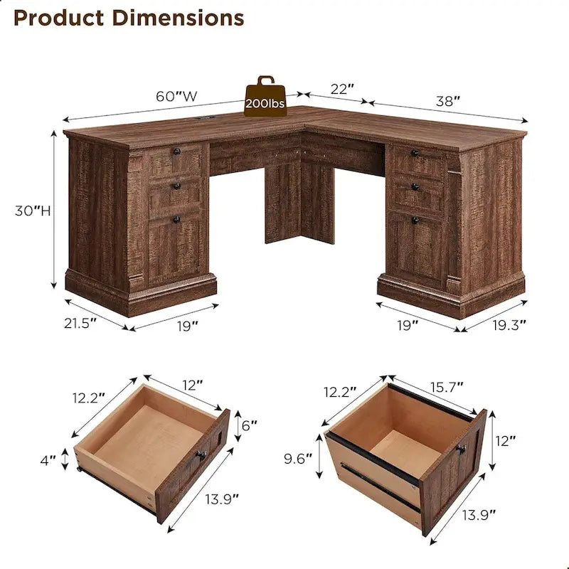 Farmhouse Computer Desk, Wood Home Office Desk with Charging Station