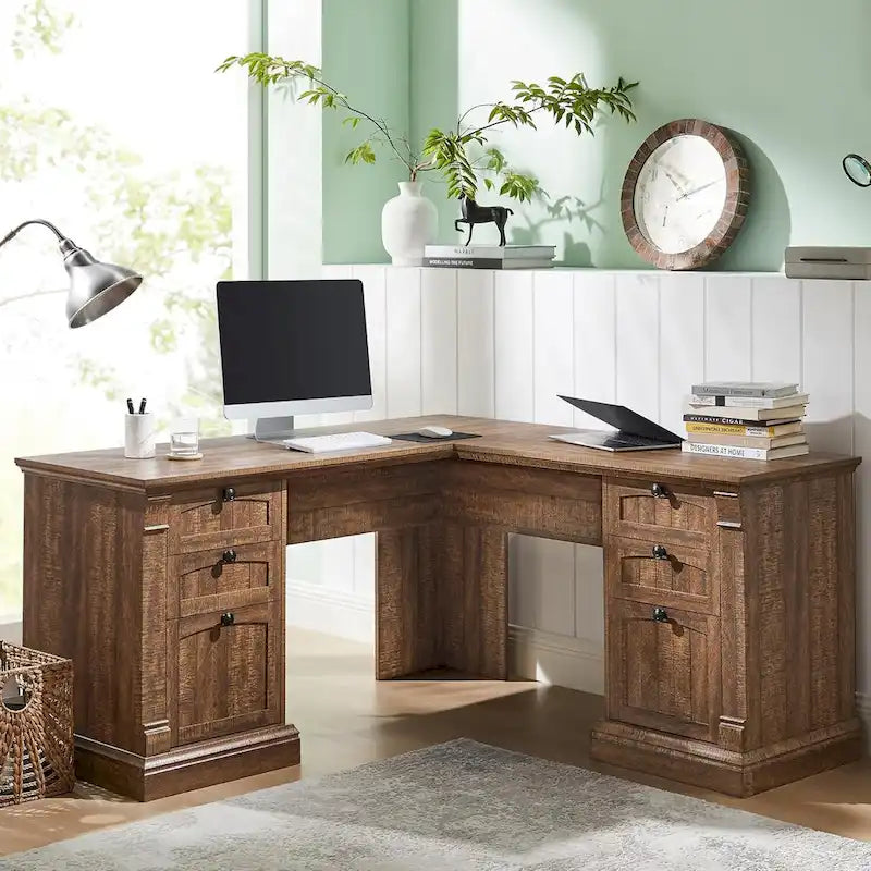 Farmhouse Computer Desk, Wood Home Office Desk with Charging Station