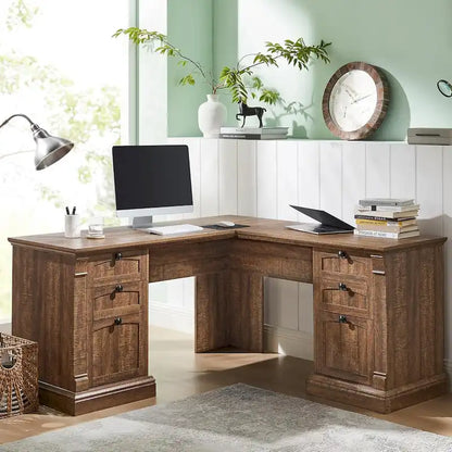 Farmhouse Computer Desk, Wood Home Office Desk with Charging Station