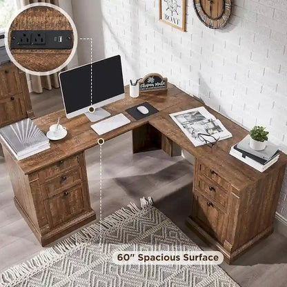 Farmhouse Computer Desk, Wood Home Office Desk with Charging Station