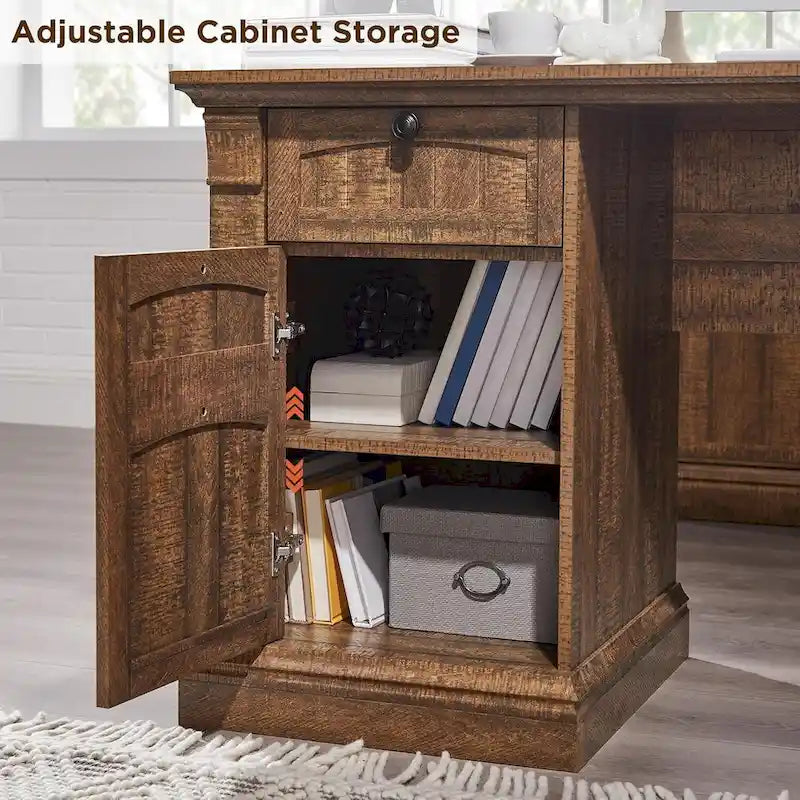 Farmhouse Computer Desk, Wood Home Office Desk with Charging Station