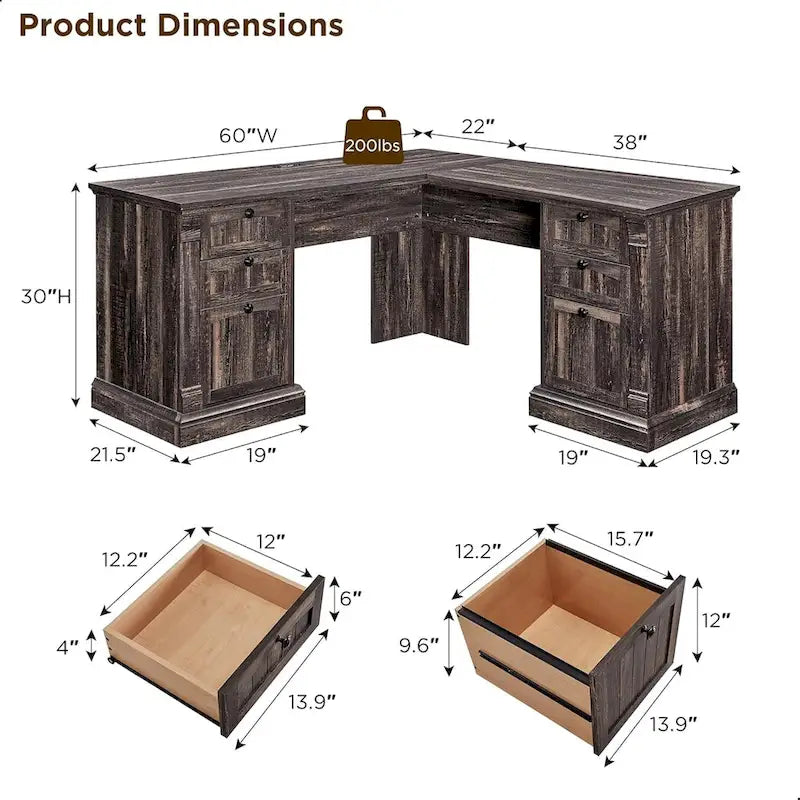 Farmhouse Computer Desk, Wood Home Office Desk with Charging Station
