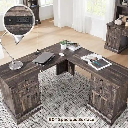 Farmhouse Computer Desk, Wood Home Office Desk with Charging Station