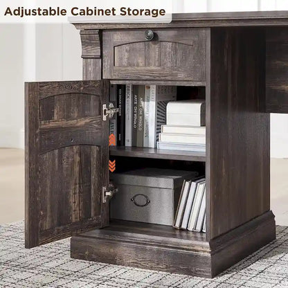 Farmhouse Computer Desk, Wood Home Office Desk with Charging Station