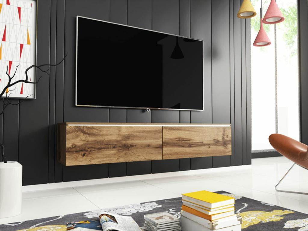 Brown Oak Wood TV Stand, 140 x 30 x 33 cm
