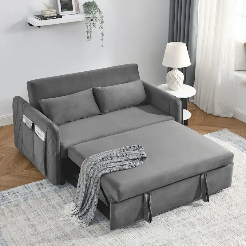 Modern Convertible Velvet Loveseat Sofa Sleeper Sofa Bed with 2 Pillows