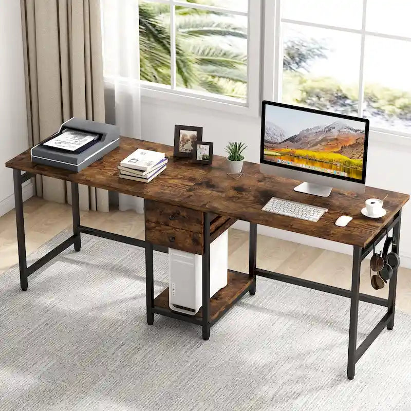 Extra Long Two Person Desk,Industrial Workstation for Home Office78 Double Computer Desk with Drawers and Storage Shelves