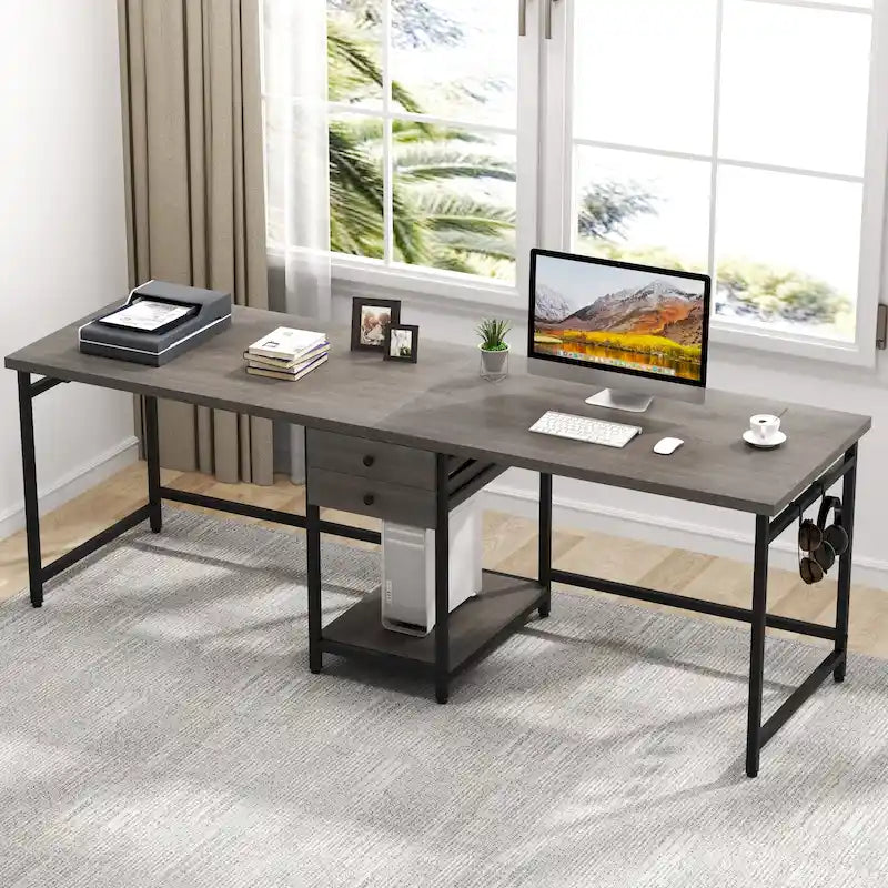Extra Long Two Person Desk,Industrial Workstation for Home Office78 Double Computer Desk with Drawers and Storage Shelves