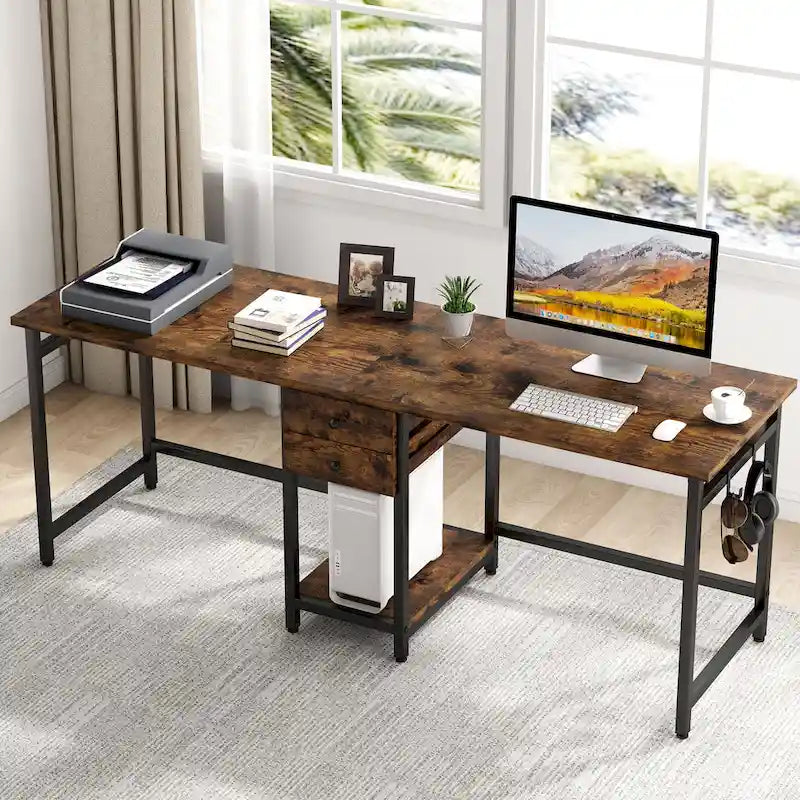 Extra Long Two Person Desk,Industrial Workstation for Home Office78 Double Computer Desk with Drawers and Storage Shelves