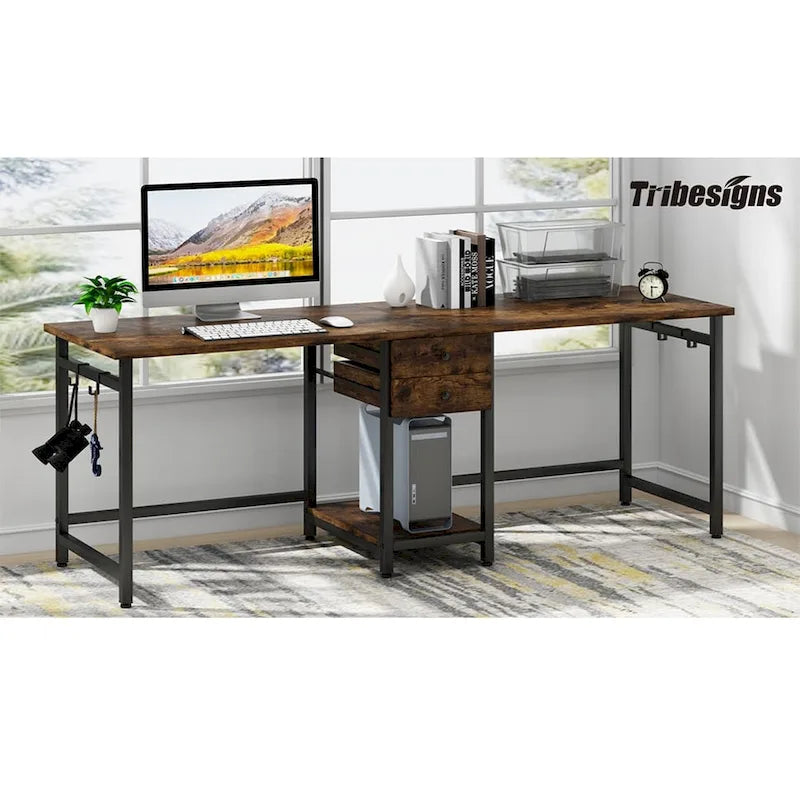 Extra Long Two Person Desk,Industrial Workstation for Home Office78 Double Computer Desk with Drawers and Storage Shelves