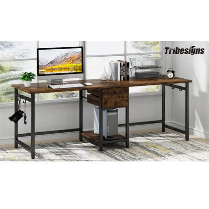 Extra Long Two Person Desk,Industrial Workstation for Home Office78 Double Computer Desk with Drawers and Storage Shelves