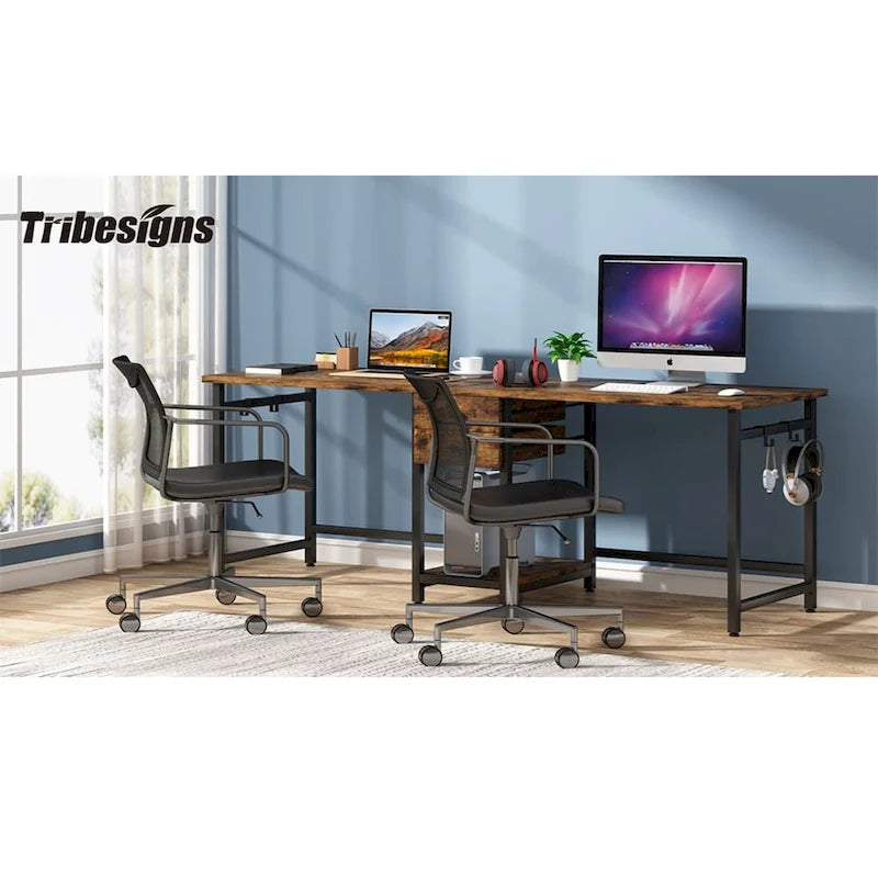 Extra Long Two Person Desk,Industrial Workstation for Home Office78 Double Computer Desk with Drawers and Storage Shelves