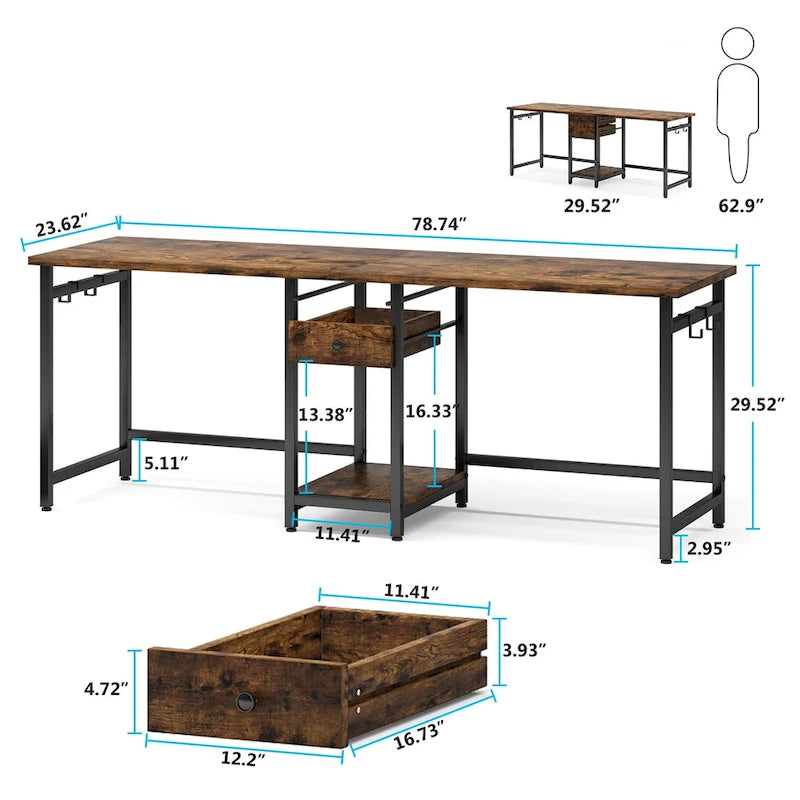 Extra Long Two Person Desk,Industrial Workstation for Home Office78 Double Computer Desk with Drawers and Storage Shelves