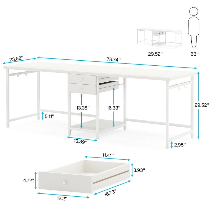 Extra Long Two Person Desk,Industrial Workstation for Home Office78 Double Computer Desk with Drawers and Storage Shelves