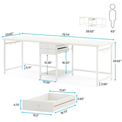 Extra Long Two Person Desk,Industrial Workstation for Home Office78 Double Computer Desk with Drawers and Storage Shelves