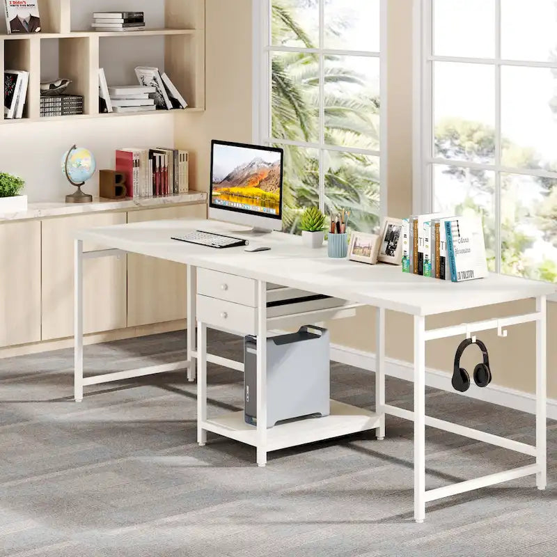 Extra Long Two Person Desk,Industrial Workstation for Home Office78 Double Computer Desk with Drawers and Storage Shelves