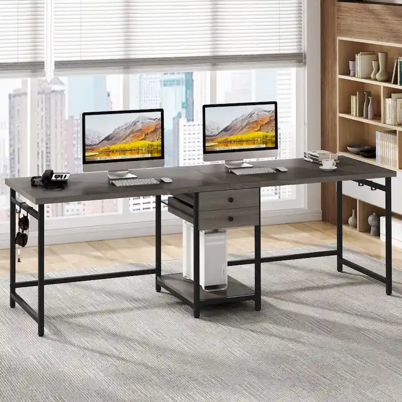 Extra Long Two Person Desk,Industrial Workstation for Home Office78 Double Computer Desk with Drawers and Storage Shelves