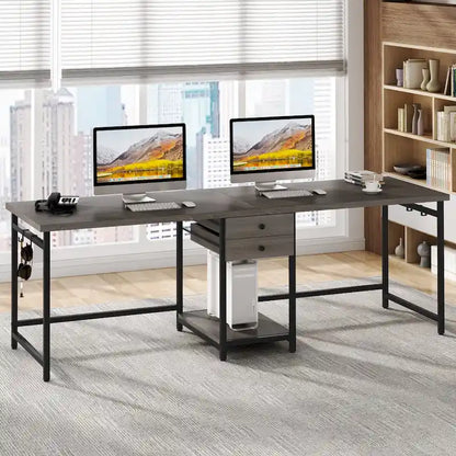 Extra Long Two Person Desk,Industrial Workstation for Home Office78 Double Computer Desk with Drawers and Storage Shelves