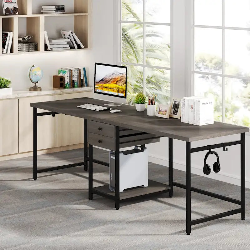 Extra Long Two Person Desk,Industrial Workstation for Home Office78 Double Computer Desk with Drawers and Storage Shelves