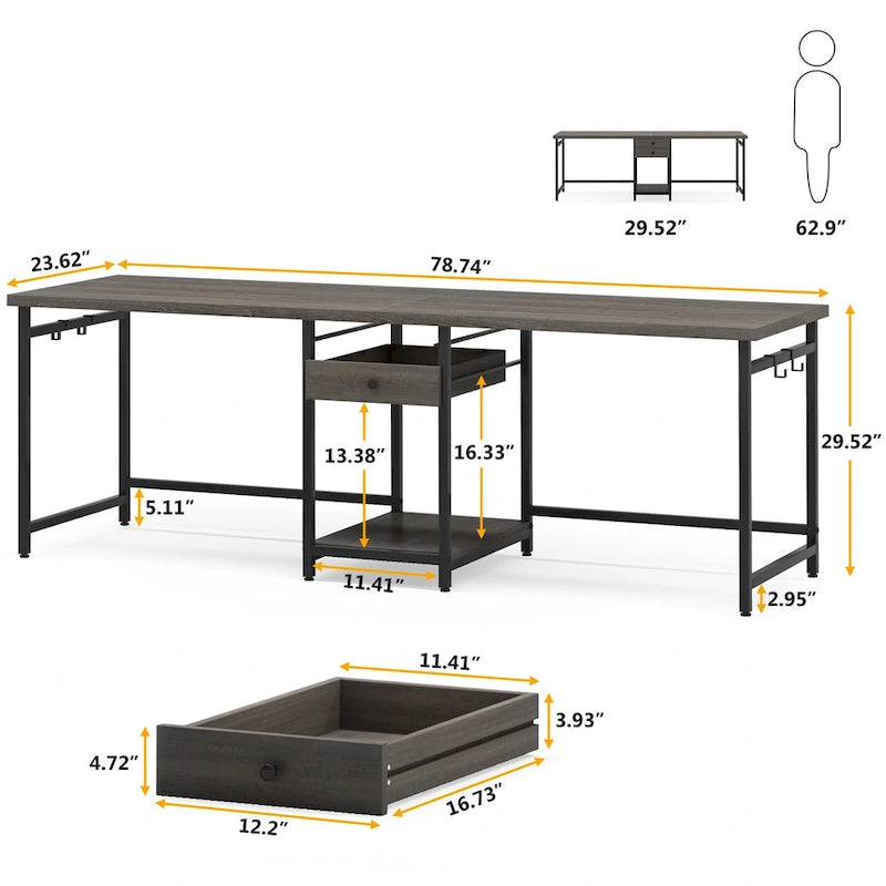 Extra Long Two Person Desk,Industrial Workstation for Home Office78 Double Computer Desk with Drawers and Storage Shelves