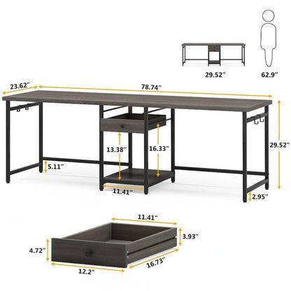 Extra Long Two Person Desk,Industrial Workstation for Home Office78 Double Computer Desk with Drawers and Storage Shelves