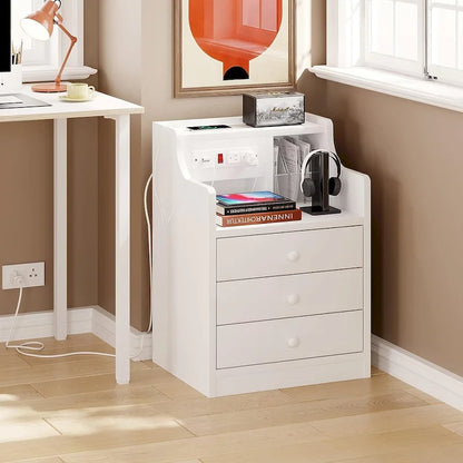 Nightstand 3 Drawers Charging Station End Side Table Bedroom