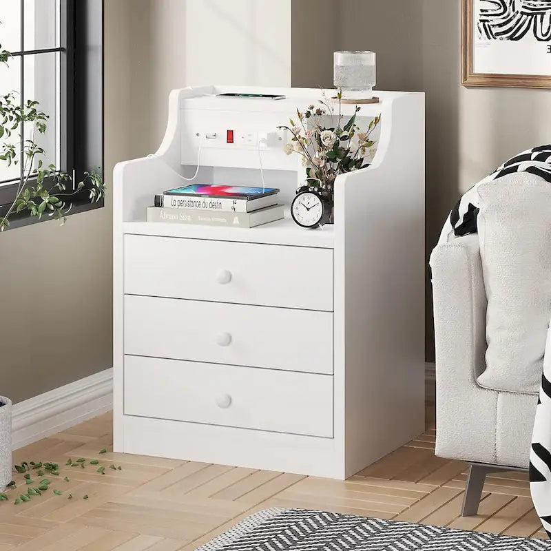 Nightstand 3 Drawers Charging Station End Side Table Bedroom