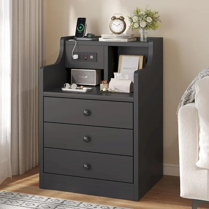 Nightstand 3 Drawers Charging Station End Side Table Bedroom