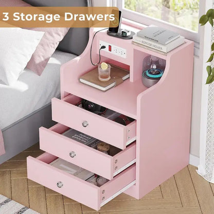 Nightstand 3 Drawers Charging Station End Side Table Bedroom