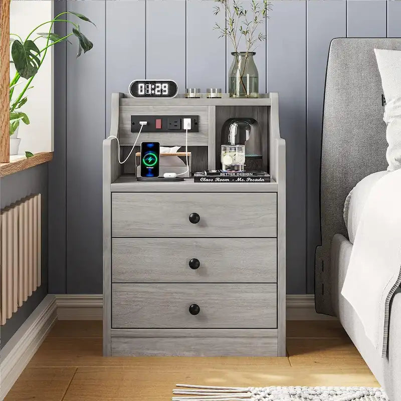 Nightstand 3 Drawers Charging Station End Side Table Bedroom