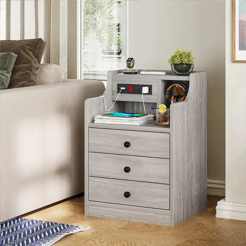 Nightstand 3 Drawers Charging Station End Side Table Bedroom