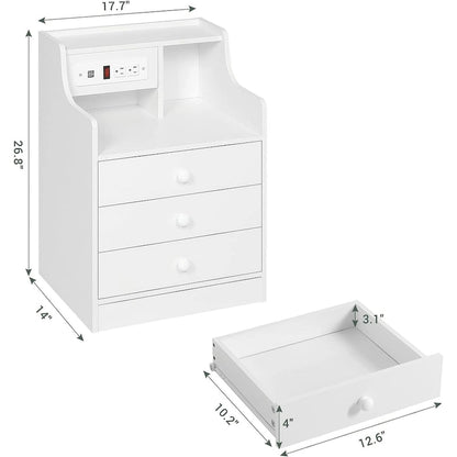 Nightstand 3 Drawers Charging Station End Side Table Bedroom