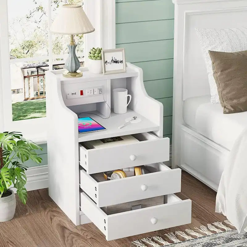 Nightstand 3 Drawers Charging Station End Side Table Bedroom