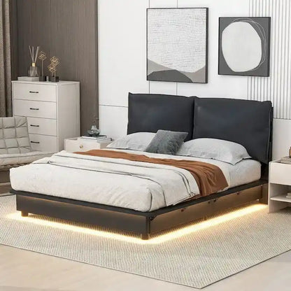 Upholstered Platform Bed with Sensor Light and Ergonomic Design Backrests
