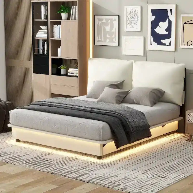 Upholstered Platform Bed with Sensor Light and Ergonomic Design Backrests